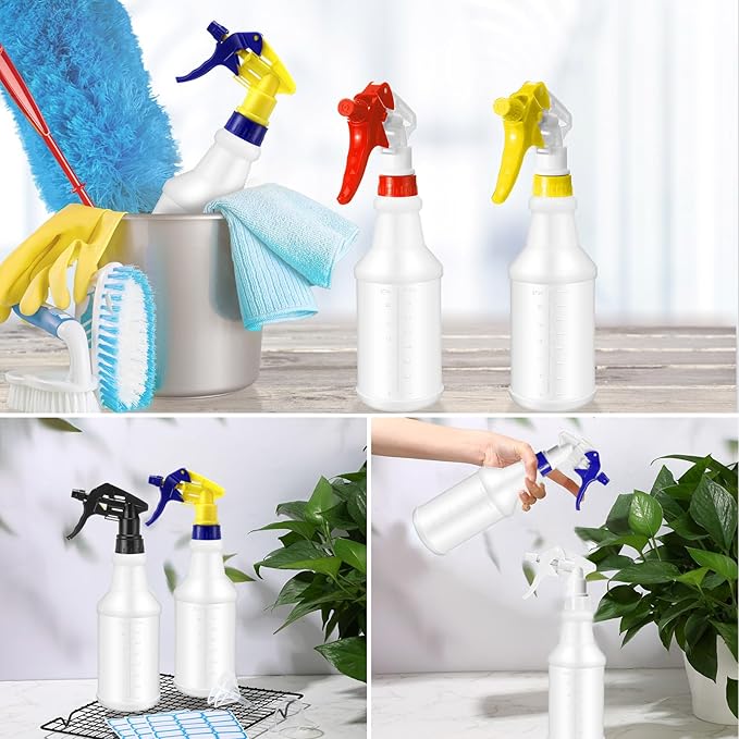 Zubebe 24 Pack 32 oz Plastic Spray Bottle Bulk Empty Leakproof Heavy Duty Spray Bottles for Cleaning Supplies Mist Bottles with Label and Adjustable Nozzle for Plant(Multicolor C,Clear Scale)