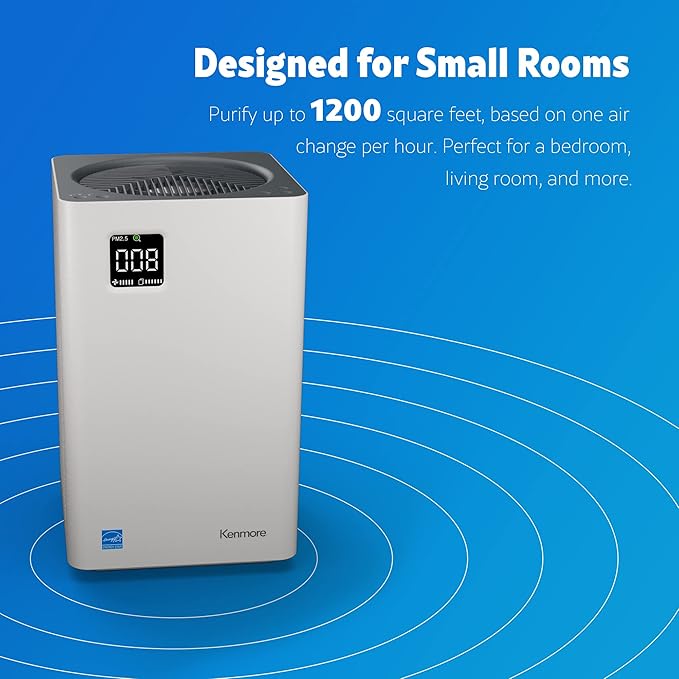 Kenmore PM2010 Air Purifiers with H13 True HEPA Filter, Covers Up to 1200 Sq.Foot, 24db SilentClean 3-Stage HEPA Filtration System, 5 Speeds for Home Large Room, Kitchens & Bedroom, PM2010