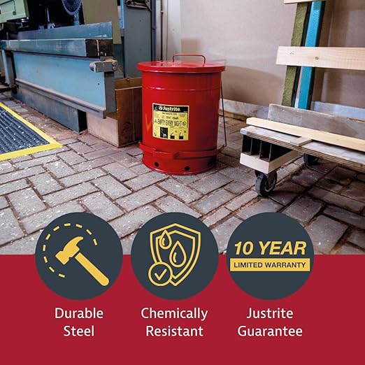 Justrite 6 Gallon Galvanized Steel Oily Waste Can, 16" x 12" Metal Oil Rag Safety Can with Quiet Foot-Operated Self-Closing Lid for Oil Rag Disposal, Made in The USA, Red, 09108
