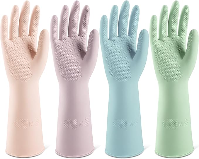 ThxToms 4 Pairs Rubber Kitchen Dishwashing Gloves, Reusable Household Cleaning Gloves,Non-Slip,Long-lasting