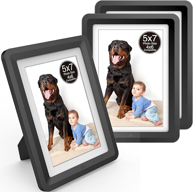 3-Pack 5x7 Picture Frame or 4x6 with Mat – Shatterproof Plastic Picture Frames for Family, Nursery & Playroom, Wall & Tabletop Frame for Home or Office, Safe Lightweight Design, Midnight Elegance