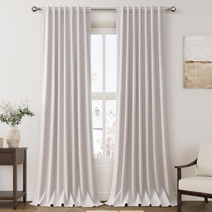 Extra Long Blackout Curtains 108 Inches Long Champagne Modern Linen Back Tab Curtains for Sliding Glass Doors Thermal Darkening Light Blocking Floor Length Windows Drapes with White Liner 52x108