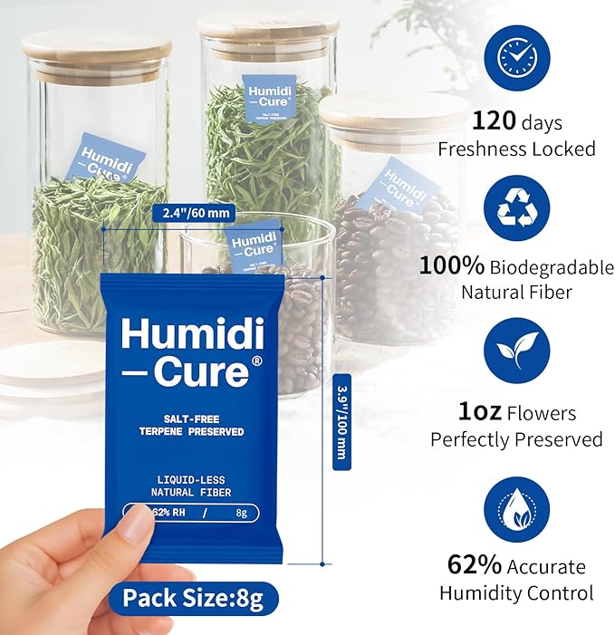 Humidi-Cure 62% RH 2-Way Humidity Packs, Each for Storing 1 oz Herbs, Preserving Aroma and Flavor with Liquidless Plant-Fiber, Salt-Free, Humidity Packs with Individual Sealed Bag (Size 8g, 10 Pack)