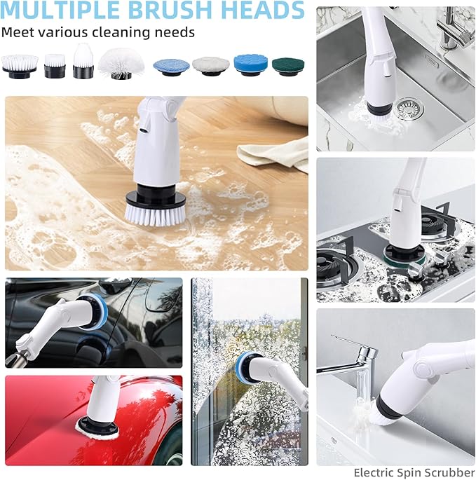 Electric Spin Scrubber,2025 Electric Scrubber for Cleaning,Power Scrubber with Adjustable Long Handle,3 Spin Speeds,Power Scrubber,Shower Cleaning Brush,White