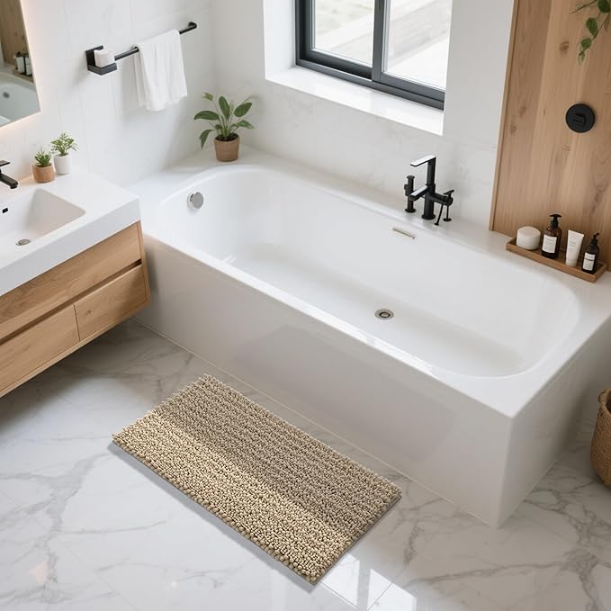 Yimobra Long Bathroom Rugs Non Slip Washable 44x24 Inch - Ultra Soft Absorbent Chenille Bath Mat, Quick Dry Shaggy Floor Carpet for Tub Shower, Pale Khaki Home Decor Accessories