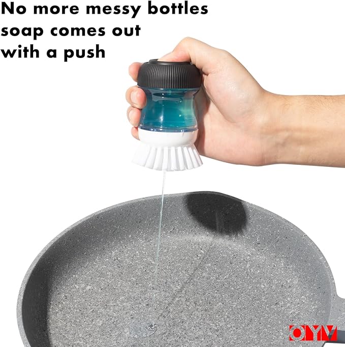 Soap Dispensing Palm Brush, Dish Brush Set with Silicone Drip Tray and One Refill, Kitchen Dish Scrub Brush for Cleaning Pots, Pans, Sinks