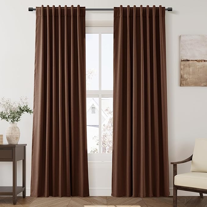 Nanspring Rustic Brown Linen Blackout Curtains 84 Inches Long Back Tab Rod Pocket Drapes Noise Reducing Flax Linen Sound Proof Full Blackout 2 Panels Set for Nursery Modern Farmhouse Curtains 52x84