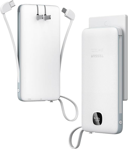 TESSAN Portable Charger with Built in Cables, 10000mAh Power Bank Fast Charging with Foldable Wall Plug Charger, 20W Compact Battery Pack Travel Essentials for iPhone 16/15 Series, Samsung, Tablets