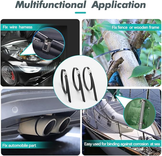 Metal Zip Ties Black 100pcs Stainless Steel Epoxy Coated Locking Cable Heavy Duty Exhaust Wrap Multi Purpose Binding for machinery, vehicles, farms, cables, pipes,Fence