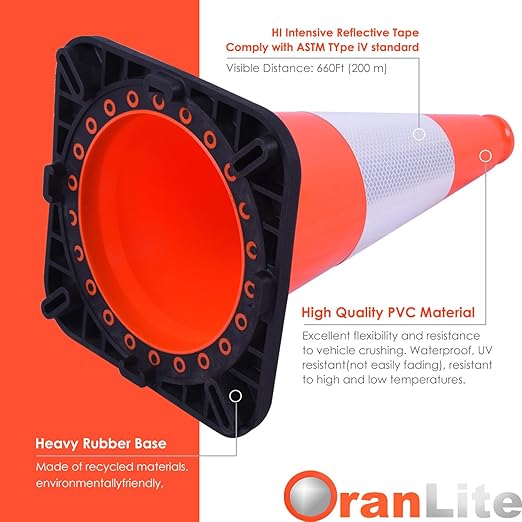 Fluorescent Orange/Green PVC Traffic Cones, Heavy Black Base Parking Lot Cone Structurally Stable Weatherproof Road Construction Safety Cones (8, Orange, 18" Medium)