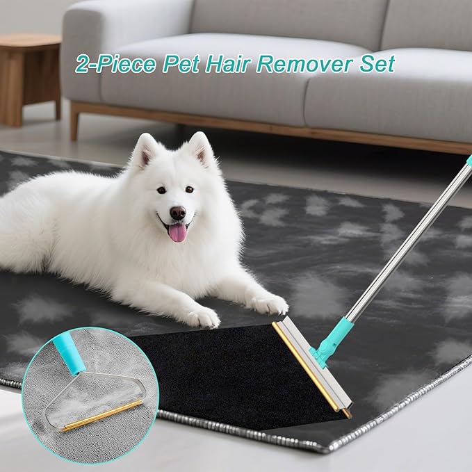 Carpet Rake for Pet Hair Removal - Reusable with Adjustable Long Handle, Dog & Cat Fur Brush & Scraper for Rugs, Floor Mats, Couches, Furniture and Car Interiors