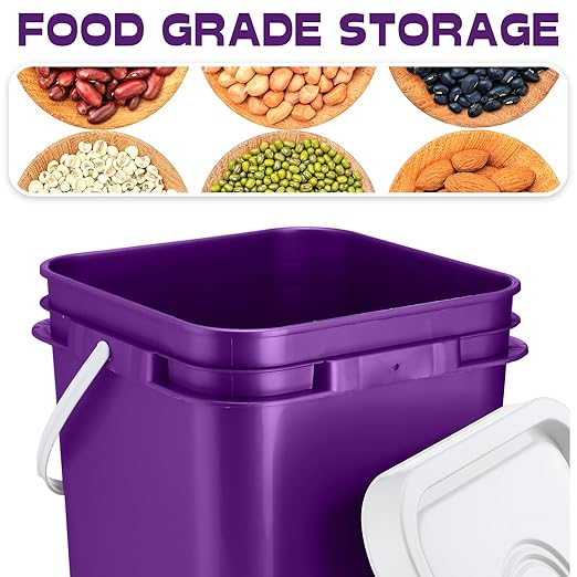 Vesici 6 Pcs 5 Gallon Food Grade Square Buckets with Lids 5 Gal Plastic Food Storage Square Bucket Heavy Duty Industrial Pail Container with DIY Label Stickers Handles for Water Painting(Purple)
