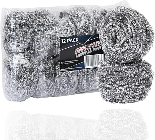 Brheez Stainless Steel Cleaner Scouring Pads [12 Pack] - Industrial & Commercial Strength Large Cleaning Supplies Dish Sponge - Individually Wrapped 100 Gram