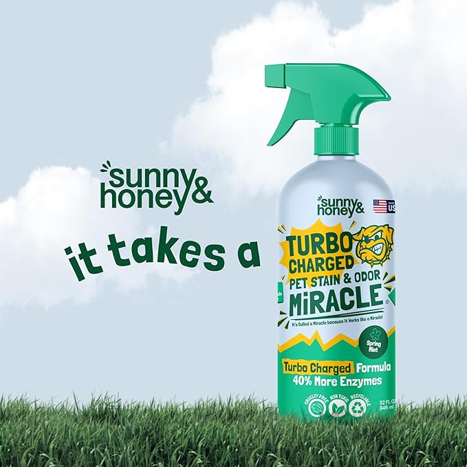 Sunny & Honey Pet Stain & Odor Miracle - Turbo Charged, 32 Fl Oz, Spring Mint - Carpet Shampooer Enzyme Cleaner Spray - Pet Urine & Odor Eliminator Spray - Stain Remover & Carpet Cleaning Solution