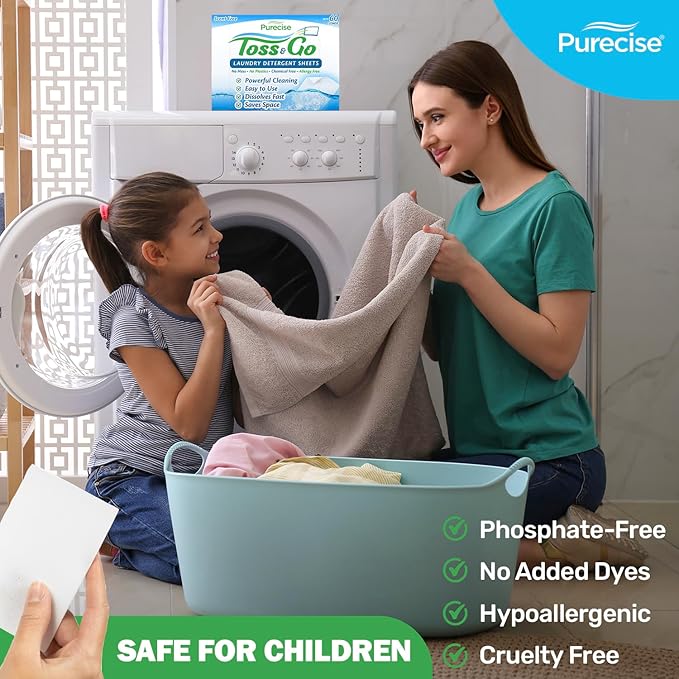 Purecise - Toss & Go - Unscented Laundry Detergent Sheets - No Mess, Skin-Friendly, Fast-Dissolving, Scent Free - 240 Loads - 30ct Pack of 4