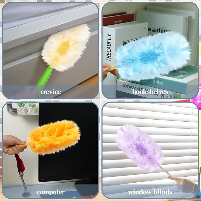 Vesici 150 Pcs Duster Refills Compatible with Swiffer Dusters Bulk Disposable Replacement Thickened with 1 Handle Heavy Duty for Cleaning, Office (Yellow,Blue,Orange,Purple)