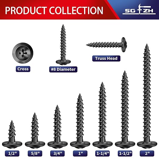 #8 x 1-1/2" Wood Screw 100Pcs Alloy Steel Standard Thread Truss Head Fast Self Tapping Black Oxide by SG TZH