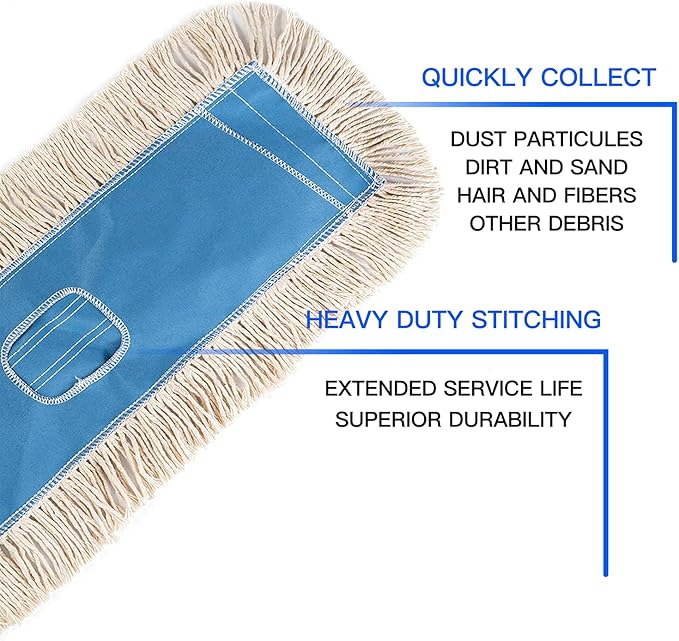 Matthew Cleaning 24'' Industrial Strength Cotton Dust Mop Refill Washable Replacement Heads for Residential & Commercial Use Fit Standard Dust Mop Frames, Hardwood,Concrete Floors Blue&White 3 Pack