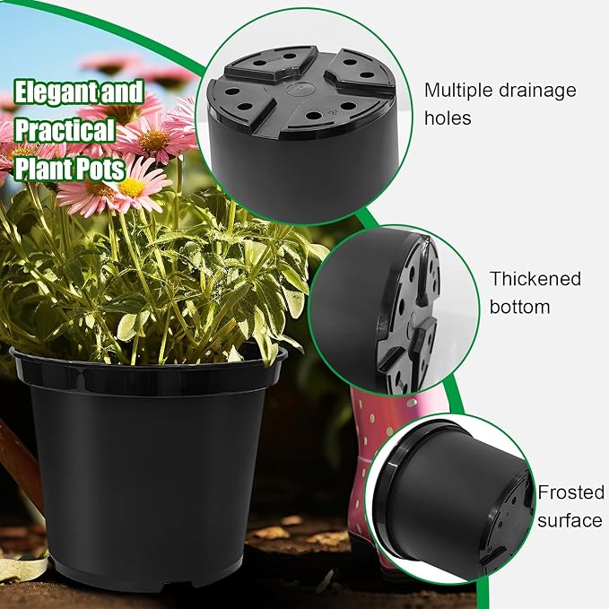 5 Gallon 12 Inch Plastic Nursery Pots, Plant Containers with Drainage Holes, Round Sturdy Garden Planters for Indoor/Outdoor Greenery, Gardening Gifts for Women (5-Pack, Black)