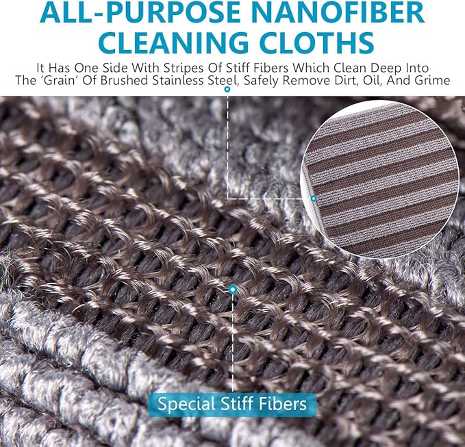 ZHIDIAN Stainless Steel Microfiber Cloth Double-Sided Cleaner Rag, Non-Scratch Scrub Cleaning Polishing Towel for Appliances, Kitchen Reusable Fridge Wipes, Gray Stripe, 8Pack, 12x12Inch
