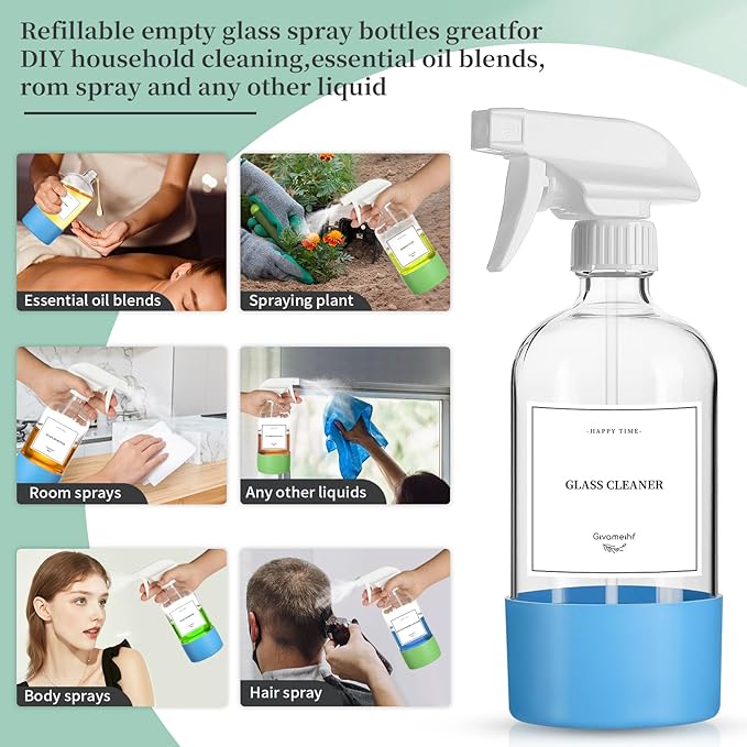 4 Pack Glass Spray Bottles with Silicone Sleeve,16oz Clear Glass Spray Bottles Refillable Empty Bottle with Adjustable Nozzle,Spray Bottle for Cleaning Solutions,Essential Oils,Pets,Hair