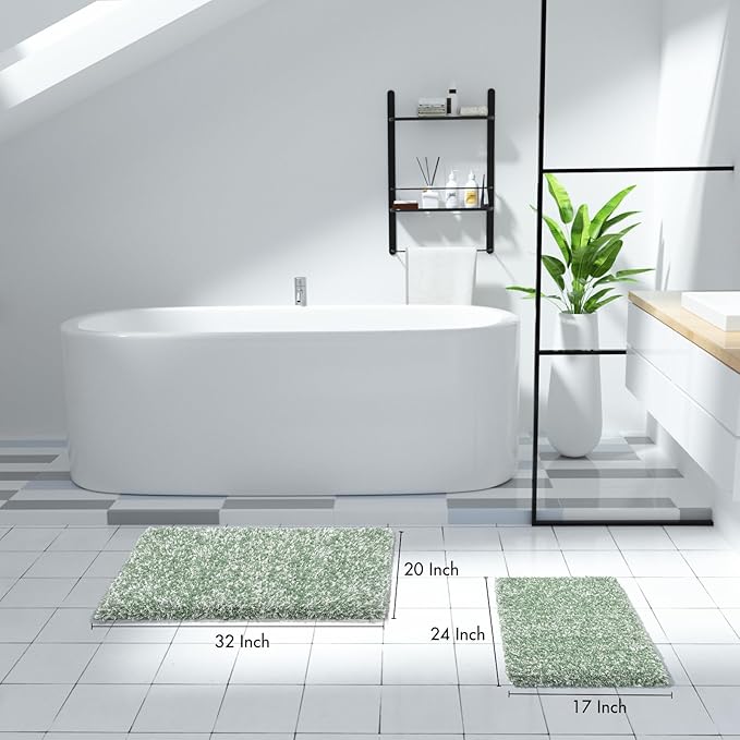 Yimobra Bathroom Rug Set 2 Piece, Soft Absorbent Microfiber Bath Mat Set, Non Slip Machine Washable Dry, Plush Shaggy Shower Rugs for Bathroom Floor, 32"x20"+24"x17", Light Green and White