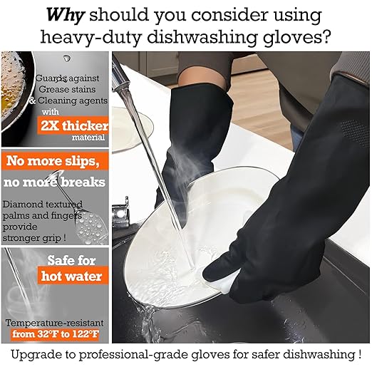 Thick Rubber Cleaning Gloves - 3 Pairs Black Rubber Gloves for Dishwashing Large, Non-Slip Kitchen Gloves for Washing Dishes, Reusable Cleaning Gloves, Waterproof, Heavy-Duty (3P,L)