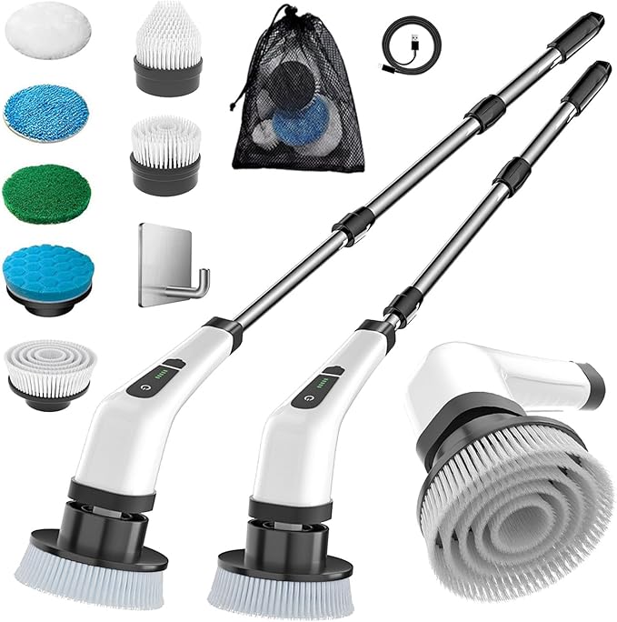 Electric Spin Scrubber, Cordless Cleaning Brush, Rechargeable Scrub Brush with 7 Replaceable Brush Heads, Adjustable Long Handle Power Scrubber for Bathroom Tile Bathtub Glass