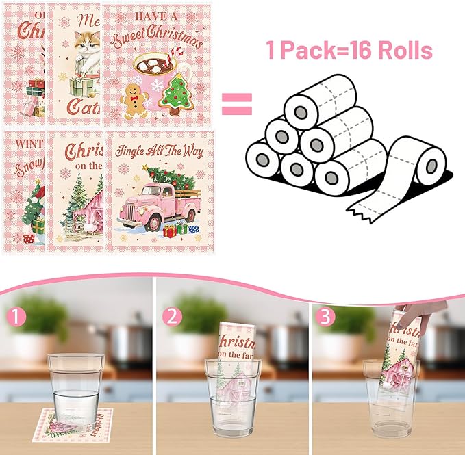 Pink Christmas Swedish Dishcloths for Kitchen, 6 Pack Snowman Truck Reusable Dish Paper Towels Housewarming Gifts, Xmas Absorbent Dish Rags for Home Cleaning