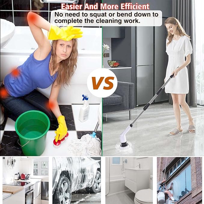Electric Spin Scrubber, Cordless Cleaning Brush, Rechargeable Scrub Brush with 7 Replaceable Brush Heads, Adjustable Long Handle Power Scrubber for Bathroom Tile Bathtub Glass