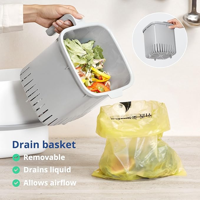 Blue Ginkgo Kitchen Compost Bin [5L / 1.32 GAL] – Filter-Free, Odor-Tight Countertop Food Waste Pail with Handles (Made in Korea, Green)