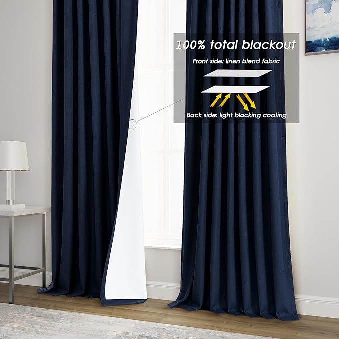 100% Blackout Linen Curtains 105 Inches Long 2 Panels for Bedroom Back Tab Pinch Pleated Black Out Curtains Modern Noise Cancelling Total Light Blocking Window Curtain 105 Inch Length Navy Blue