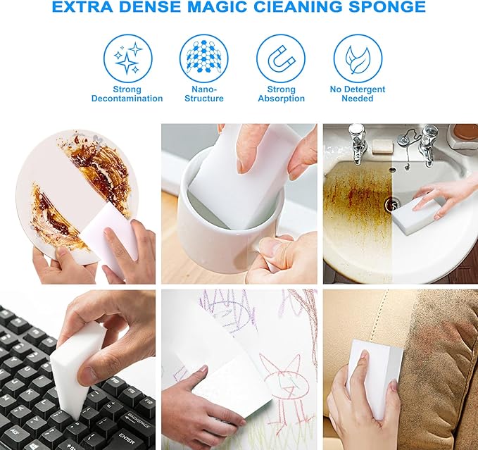 25pack Melamine Sponges for Multi-Purpose Cleaning - Tough, Durable Magic Sponge Erasers for Use on Sinks, Kitchen, Bathrooms, Walls, Floors, Bathtubs, Shoes, Furniture, Cars - Won't Rip Easily.