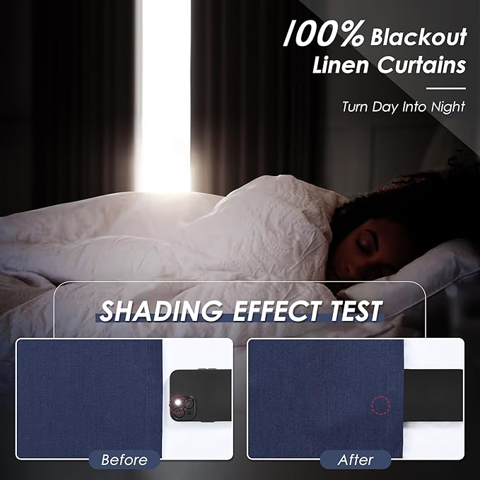 Nanspring 100% Blackout Linen Curtains 120 Inch Long 2 Panels Classic Blue Modern Urban Drapes Extra Long 10 FT Back Tab Pocket Thermal Insulated Curtains for Dining Room High Ceiling 52X120