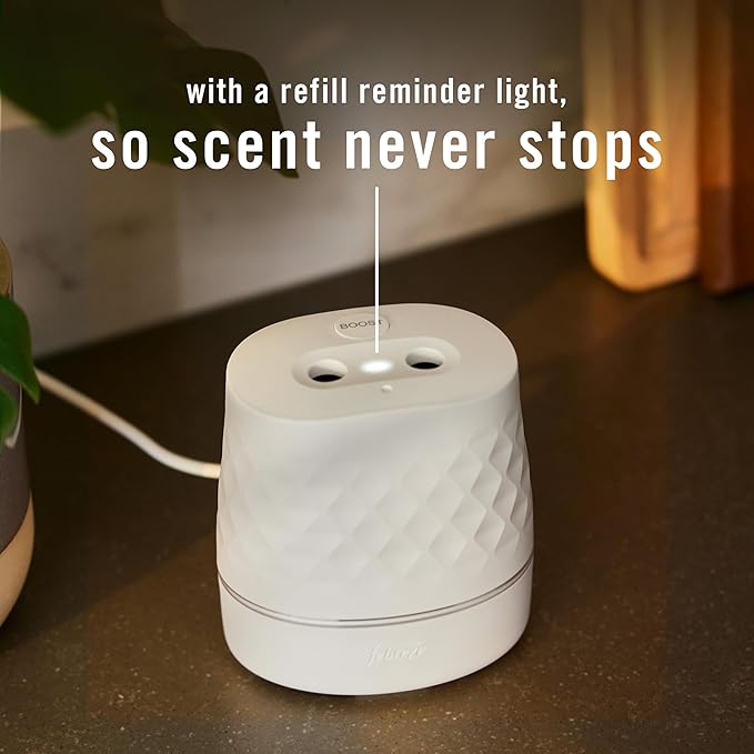 Febreze Plug Scent Booster Starter Kit, Oil Diffuser, Air Freshener Plug in, Continuous Scent Device + 2 Downy Calm Refills