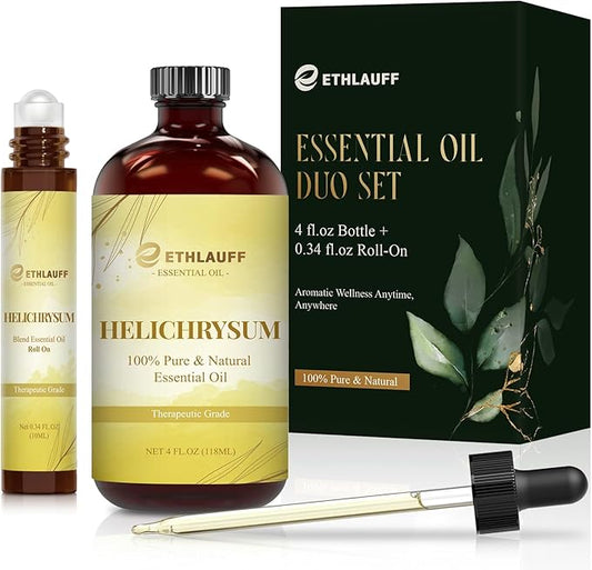 Helichrysum Essential Oil (4 fl.oz Bottle + 0.34 fl.oz Roll-On) — Helichrysum Oils for Aromatherapy, Diffusers, Humidifiers, Home fragrances, DIY Skincare, Candle, Soap Making, Relaxation, Yoga