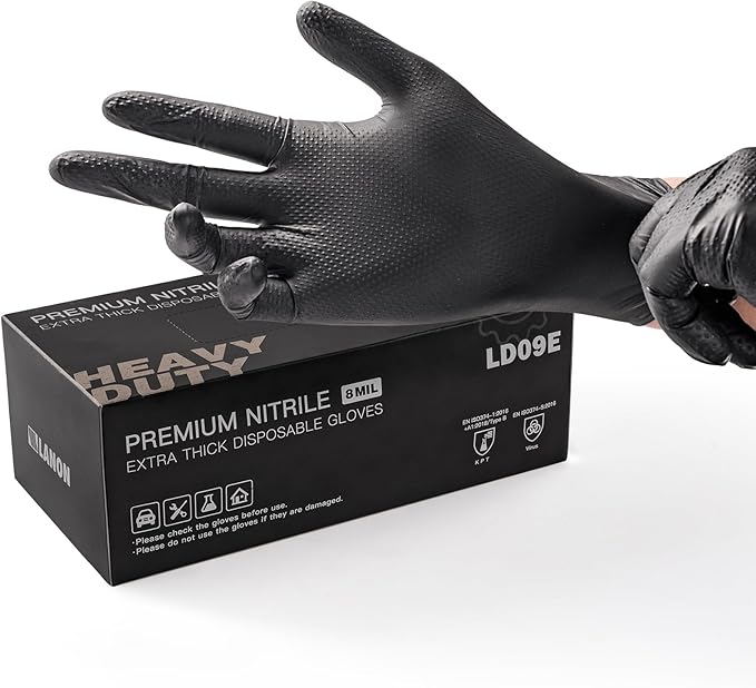 LANON Protection Heavy Duty Black Nitrile Gloves, Food Safe, Latex Free, Powder Free, Mechanic, Fully-Diamond Textured Grip Industrial Disposable Gloves, 8mil, Large