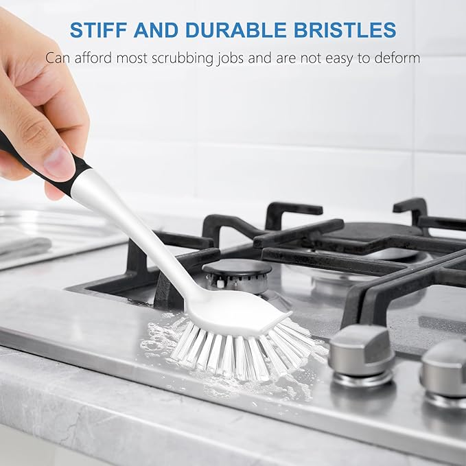 SetSail Dish Brush with Handle, 2 Pack Stiff Bristles Dish Scrubber with Built-in Scraper Dish Scrub Brushes for Cleaning Dishes, Pots and Pans, Kitchen Sink, White