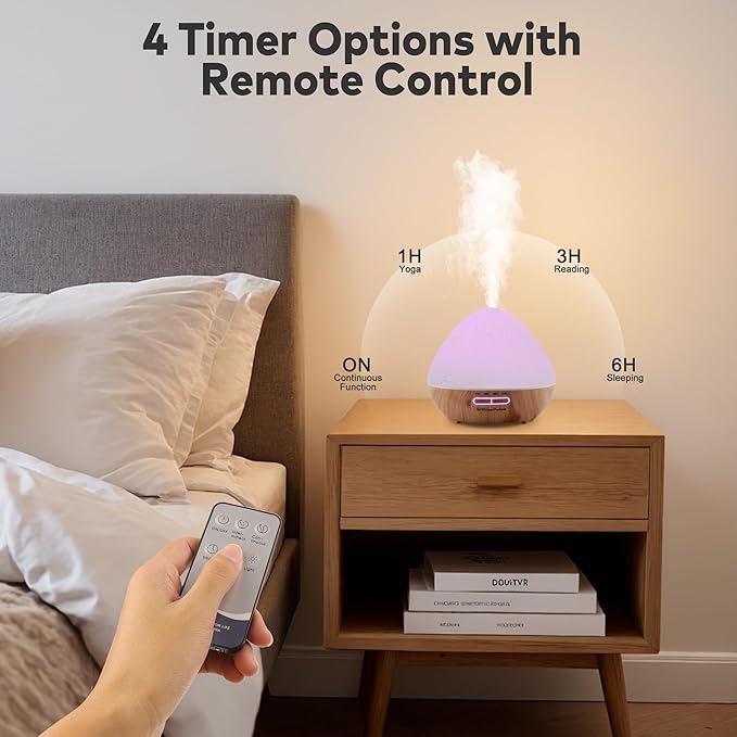 500ml Essential Oil Diffuser, Ultrasonic Diffusers for Essential Oils with Remote Control for Bedroom, Quiet Aroma Diffuser with 7 Color LED & Auto-Off, Mist Humidifier for Home, Office, Yoga
