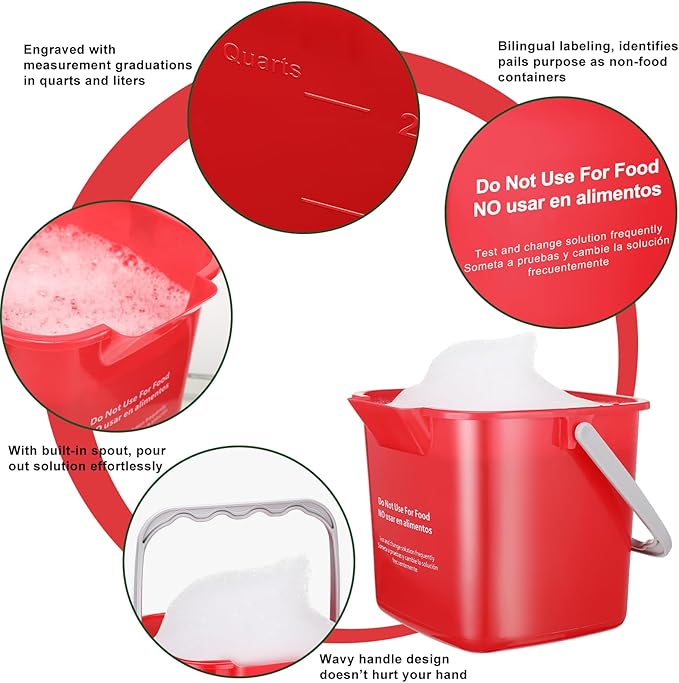 Yaomiao 4 Pcs Cleaning Bucket 3 Quart Small Sanitizing Square Bucket Detergent Pail with Measurements Spout and Handle for Home Commercial Use Restaurant Kitchen Office School (Red)