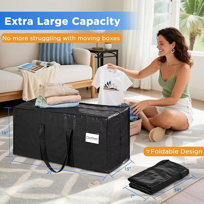 Extra Large Storage Bags Moving Bags Heavy Duty with Zipper Handles, BETU 6 Pack Clothes Storage Totes Bins Packing Moving Boxes, Moving Supplies for College Dorm Essentials, Space Saving, Black