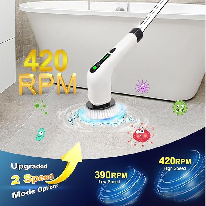 Electric Cleaning Brush Spin Scrubber, Cordless Cleaning Brush with 7 Replaceable Brush Heads. 2 Speeds Power Scrubber Brush for Floor,Kitchen, Bathroom, Tub, Floor, Tile,Adjustable Long Handle