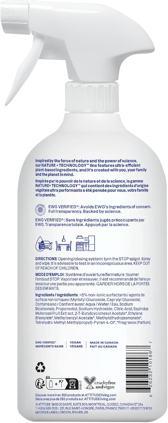 ATTITUDE All Purpose Cleaner Spray, EWG Verified, Vegan, Made with 94% Plant-Based Ingredients, Streak-Free for Kitchen, Bathroom, Glass & More, Pink Grapefruit, 27.1 Fl Oz (Pack of 3)