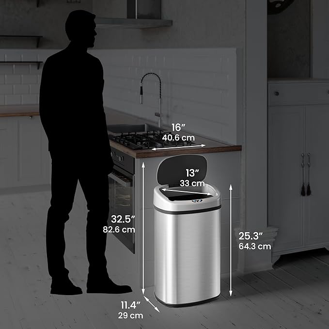 iTouchless SensorCan 50 Liter / 13 Gallon Kitchen Trash Can with Lid & Odor Filter – Motion Sensor Stainless Steel Garbage Bin for Home, Office, or Garage – Slim Oval Shape, Large Capacity Design