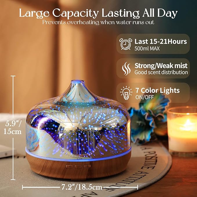 Porseme 500ml Essential Oil Diffuser 3D Glass Aromatherapy Ultrasonic Humidifier - Auto Shut-Off, Timer Setting, BPA Free for Home Hotel Yoga Gift