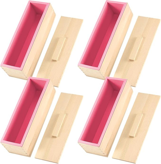 ZOENHOU 4 PCS 42 oz Pink Soap Molds with 4 Wooden Lids, Flexible Rectangular Silicone Soap Making Molds Kit with Wood Box DIY Tool Set for Soap Making Supplies