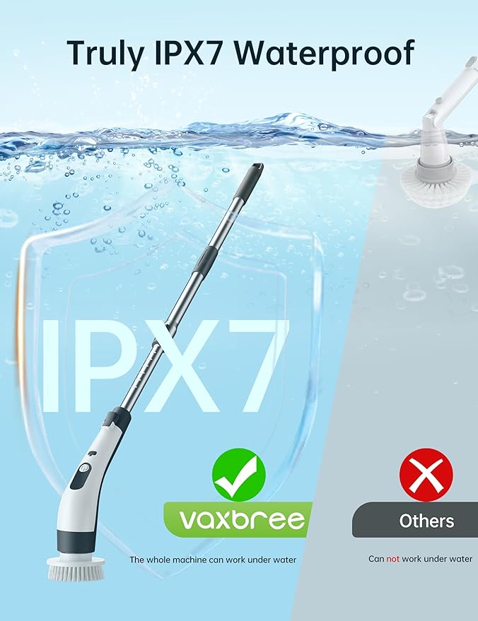 Electric Spin Scrubber with LED Display, IPX7 Waterproof Powerful Shower Scrubber, 2H Runtime, 2 Speeds, Adjustable Handle, 8 Brush Heads for Bathtub Tile Car-Black and White