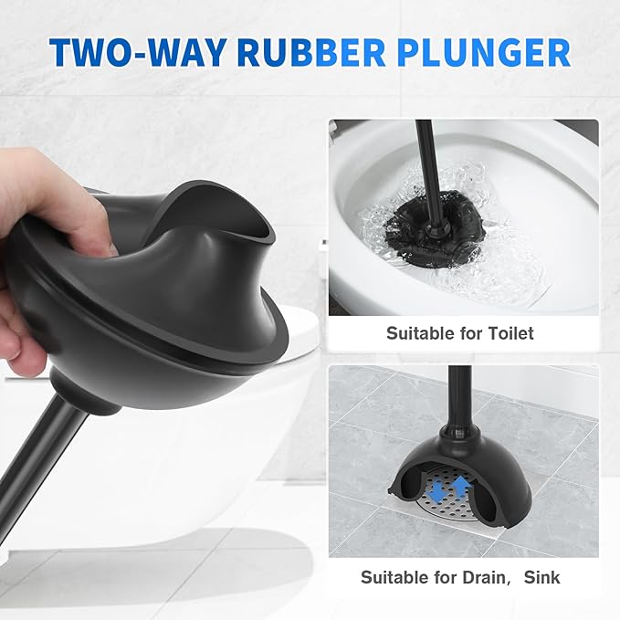 Toilet Plunger and Brush, Silicone Bowl Brush and Heavy Duty Toilet Plunger Set with Ventilated Holder, 2-in-1 Toilet Brush and Plunger Combo for 5.3-inch Toilet Drain Bathroom Cleaning