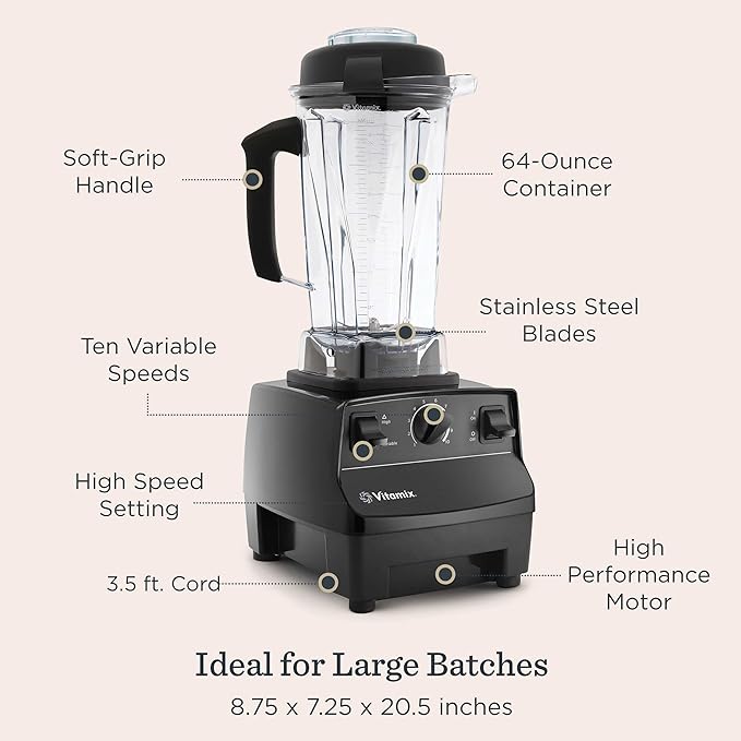 Vitamix 5200 Blender, Professional-Grade Blender for Smoothies, Soups, Ice Cream and More, Stainless-Steel Blades, Self-Cleaning Kitchen Appliance, 64 Oz Container, Black