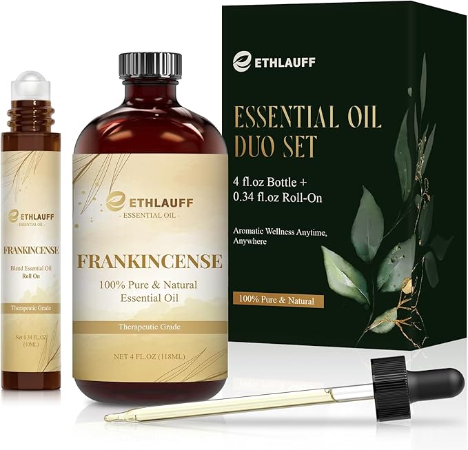 Frankincense Essential Oil (4 fl.oz Bottle + 0.34 fl.oz Roll-On) — Frankincense Oils for Aromatherapy, Diffusers, Humidifiers, Home fragrances, DIY Skincare, Candle, Soap Making, Relaxation, Yoga
